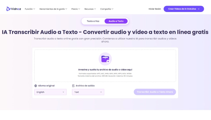 app para transcribir audios gratis vidnoz
