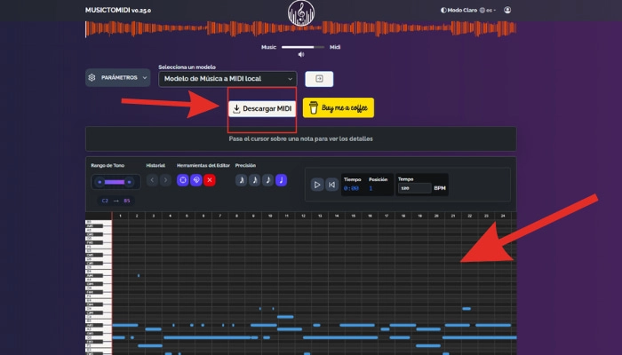 como convertir audio a midi online gratis con musictomidi paso 3