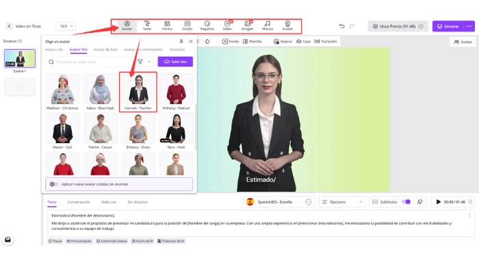 como hacer carta de presentacion en forma video con vidnoz ai paso 2
