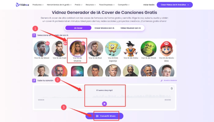 como hacer ia cantantes cantando otras canciones con vidnoz ai