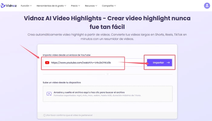 como hacer resumen de videos de youtube con vidnoz ai paso 1