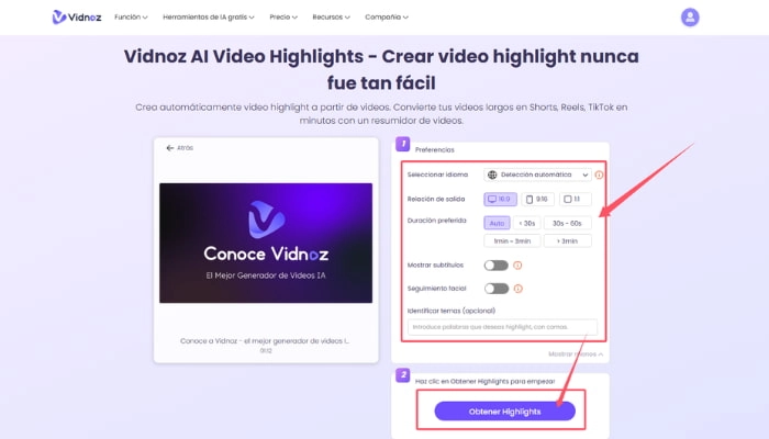 como hacer resumen de videos de youtube con vidnoz ai paso 2