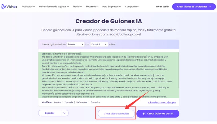 como hacer una carta de presentacion en forma video con vidnoz ai paso 1