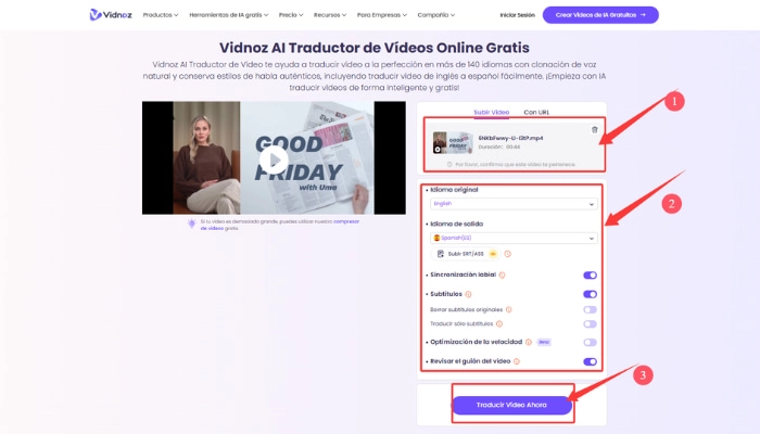 como traducir archivos srt con vidnoz ai