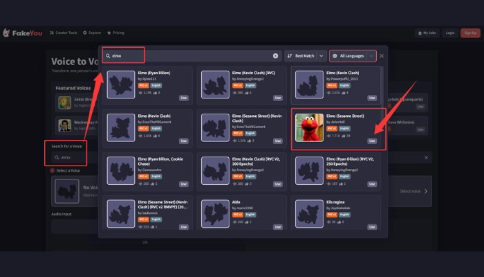 como usar el cambiador de voz elmo fakeyou paso 2