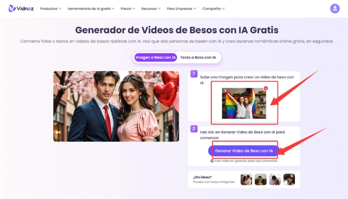 como usar el generador de videos de besos de vidnoz ai paso 2