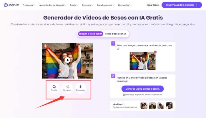 como usar el generador de videos de besos de vidnoz ai paso 3