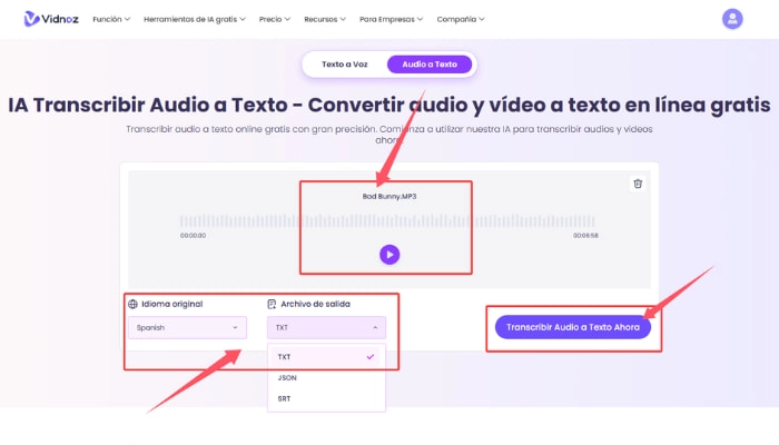 como usar el transcriptor de audio a texto de vidnoz