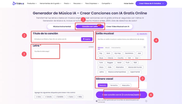como usar generador de musica ia de vidnoz para generar una cancion con letra