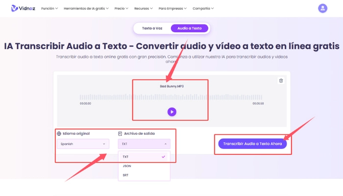 como usar la app para transcribir audios vidnoz