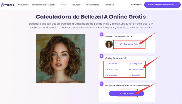 como usar la calculadora de belleza ia de vidnoz
