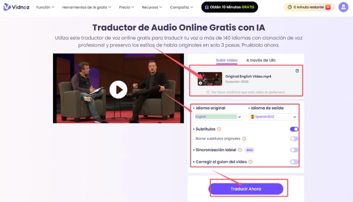 como usar vidnoz traductor de audio