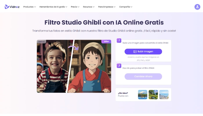 crea tu propio personaje ghibli con un filtro gratuito de vidnoz