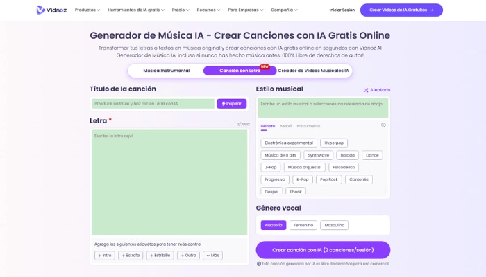 crear cancion con inteligencia artificial de vidnoz