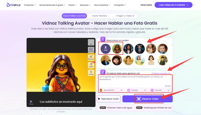 crear talking avatar con tu propio lego en vidnoz ai