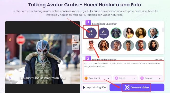 crear un talking avatar de alien con vidnoz