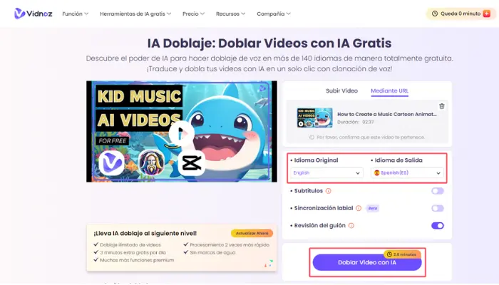 elegir idioma de destino vidnoz