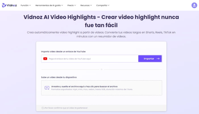 hacer resumen de videos de youtube con vidnoz ai video highlights