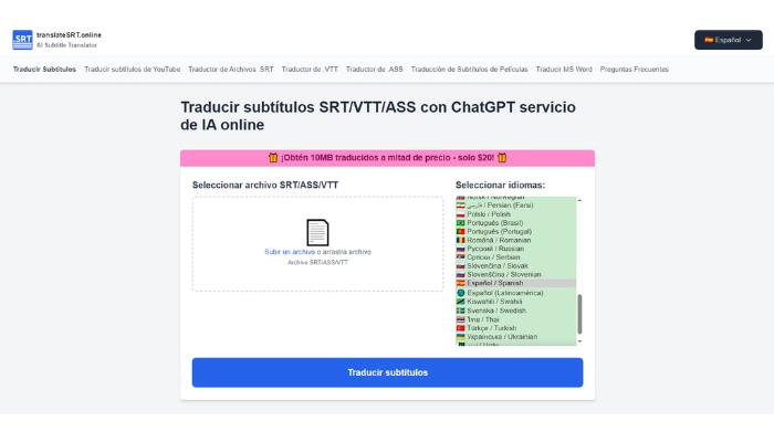 pagina para traducir subtitulos srt TranslateSRT