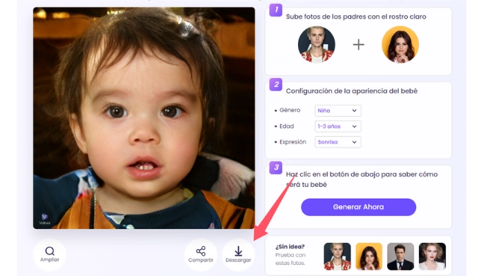 Puedes compartir o descargar fotos del bebé generados