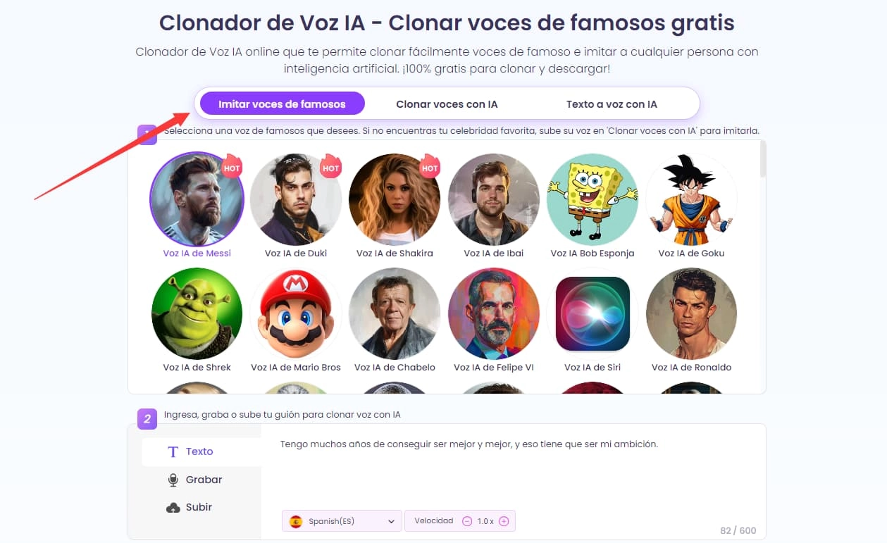 Selecciona Imitar voces de famosos o Clonar voces con IA