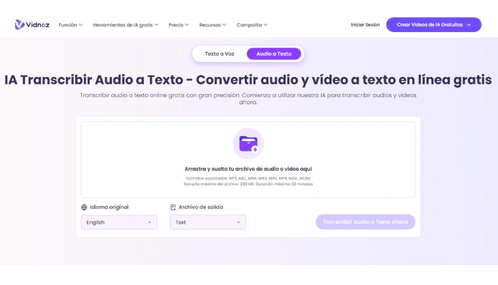 transcriptor de audio a texto de vidnoz