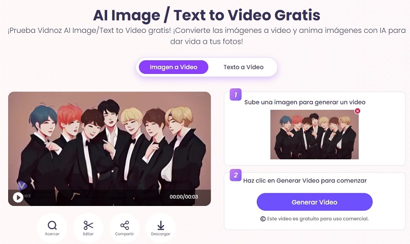 Vidnoz Image a Video para Crear BTS Animado